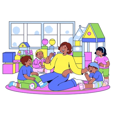 A daycare owner with short brown hair is playing with several children in a vibrant playroom. The owner is wearing a bright yellow shirt and is on the floor, laughing as she interacts with the children. There are three children, one boy with a blue t-shirt and two girls, one wearing a pink dress and the other in a green outfit. The playroom is filled with colorful toys, including building blocks, stuffed animals, and a small slide. The walls are painted in cheerful pastel colors, and large windows let in plenty of natural light. A colorful rug covers the floor, creating a warm and inviting space for play.