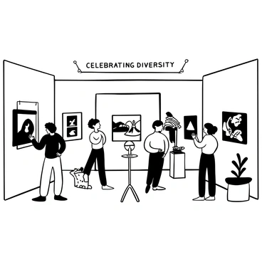 A spacious gallery room with white walls displaying various framed artworks. Each artwork represents distinct styles and themes created by different artists. Some pieces are abstract while others are realistic, depicting a range of subjects including landscapes, portraits, and still lifes. There are a few tall pedestals holding sculptures made of different materials like metal and stone. A diverse group of people, including men and women of various backgrounds, are engaging with the artworks, examining details and discussing their interpretations. "Celebrating Diversity" is prominently displayed on a sign above the entrance.
