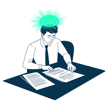 A white business professional is sitting at a sleek black desk, intently studying two neatly stacked proposals in front of them. The proposals are printed on crisp white paper, partially turned so the text is visible. Above the professional's head, there is a glowing teal brain symbol, radiating a soft light that casts subtle shadows around it. The professional's expression is focused, reflecting deep thought as they glance from one proposal to the other, with their hand resting thoughtfully on their chin.