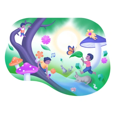 A whimsical forest setting filled with oversized mushrooms and vibrant flowers. A group of children of various ethnicities are exploring, with one child climbing a large, twisting tree trunk. Another child is crouched down, examining a colorful butterfly resting on a leaf. In the background, a small stream flows gently, accompanied by soft sounds of nature. Sunlight filters through the dense foliage, casting dappled shadows on the ground where other playful creatures like rabbits and squirrels can be seen.