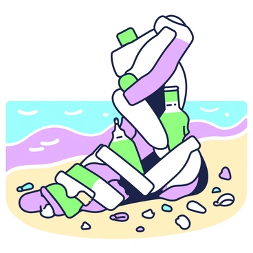 A giant footprint made of intertwined pieces of plastic waste is prominently displayed on a sandy beach. The footprint is detailed with various types of plastic, including bottles, bags, and caps, all arranged to form the shape of a foot. Surrounding the footprint, the sandy beach is dotted with smaller bits of litter and a few seashells. In the background, gentle waves are lapping at the shore, while a clear sky fills the upper part of the image.