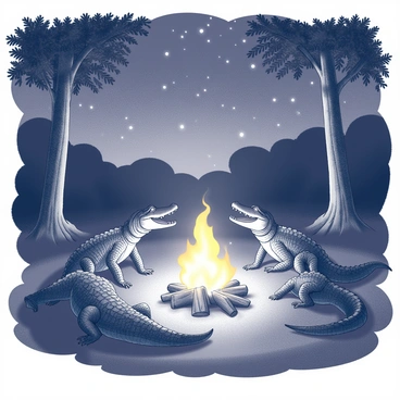 A group of crocodiles is gathered around a campfire in the jungle. The fire emits a warm glow, illuminating the scales of the crocodiles as they sit in a circle on the ground. Each crocodile has its mouth open, as if animatedly sharing stories with one another. Tall trees surround the scene, their silhouettes visible against the starry night sky. The stars twinkle brightly above, creating a contrast with the dark foliage of the jungle. Soft shadows dance across the ground from the flickering flames, adding depth to the scene.