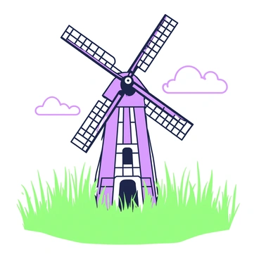A forgotten windmill stands in a field of tall grass that sways gently in the breeze. The windmill features wooden beams that are weathered and worn, showcasing signs of age. Its blades are tilted slightly, suggesting a lack of movement. Surrounding the windmill, the grass reaches high, almost obscuring the base of the structure. In the background, a clear sky can be seen, enhancing the sense of openness. The scene evokes a feeling of solitude and tranquility, as nature thrives around the abandoned windmill.