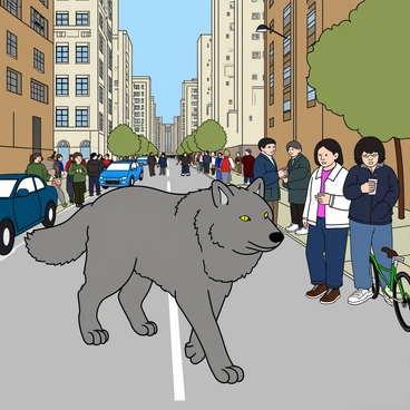 A gray wolf with a thick coat of fur is strolling down a busy city street. The wolf has piercing yellow eyes and appears calm as it walks. Around it, diverse groups of people are engaged in their daily activities, with some individuals holding coffee cups and others looking at their phones. The cityscape includes tall buildings with large windows reflecting sunlight. Cars are parked along the street, and a bicycle is leaning against a lamppost. The wolf blends into the urban environment as it moves gracefully, unnoticed by the busy passersby.