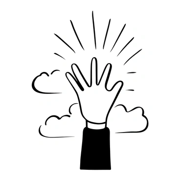 An open hand extended upward, its fingers slightly curved. The palm is oriented towards the sky, symbolizing aspiration. Above the hand, there are several stylized rays emanating outward, representing strength and energy. In the background, there are abstract shapes that suggest clouds, enhancing the sense of elevation. The scene conveys a strong message of hope and determination in the pursuit of rights.