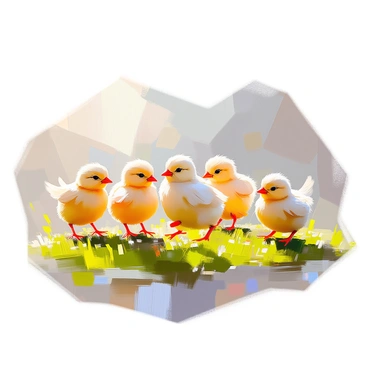A small patch of vibrant green grass serves as the setting for this lively scene. Several fluffy yellow chicks with soft feathers are playfully chasing each other in circles. Their tiny wings flutter as they run, and their eyes sparkle with curiosity and excitement. A few blades of grass bend under their small feet as they scurry around, creating a sense of motion. In the background, the sunlight casts gentle shadows, adding warmth to this cheerful moment.