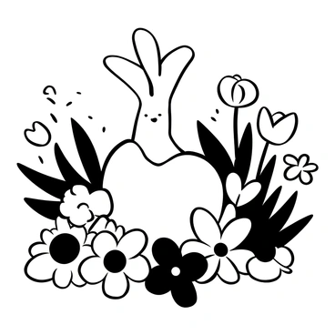 A rabbit's foot lying on a bed of assorted spring flowers. The flowers include daisies, tulips, and violets, all positioned around the rabbit's foot. Each flower features distinct shapes and sizes, creating a layered effect. The scene captures the intricate textures of the flowers alongside the furry surface of the rabbit's foot.