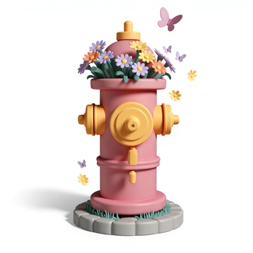 A whimsical fire hydrant, painted in bright red with yellow accents, is repurposed as a flower planter. The top of the hydrant features an array of vibrant flowers, including purple petunias, yellow daisies, and orange marigolds, spilling over the edges. The hydrant stands on a cobblestone sidewalk, surrounded by green grass and scattered pebbles, with a few butterflies fluttering nearby. Sunlight casts soft shadows around the planter, highlighting the colorful blooms and adding a cheerful atmosphere to the scene.