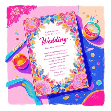 An ornate wedding invitation card is displayed prominently. The card features intricate "traditional Indian motifs" such as paisleys and floral designs. It is adorned with "vibrant colors" including deep reds, rich golds, and bright greens. The border is embellished with "detailed patterns" and sparkling elements that catch the light. The text on the card is elegantly written in a flowing script, announcing the wedding details. The background is softly textured, enhancing the overall luxury of the invitation.
