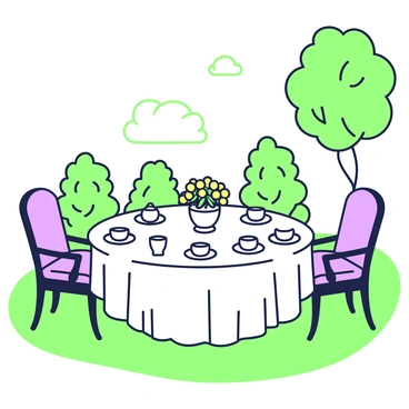 A garden setting features several tables arranged neatly on a lush green lawn. Each table is covered with a crisp white tablecloth, creating a clean and inviting atmosphere. Centered on each table is a primrose centerpiece, showcasing vibrant yellow flowers in decorative pots. Surrounding the tables are elegant chairs with soft cushions, inviting guests to sit. Delicate tea sets with teapots, cups, and saucers are placed on each table, ready for use. A gentle breeze rustles the leaves of nearby trees, completing the charming tea party scene.