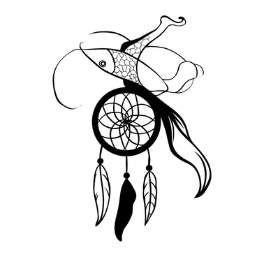 A betta fish with flowing fins intertwined with a dreamcatcher, which features intricate webbing and feathers hanging below. The water surrounding the fish is depicted with gentle ripples, creating a sense of movement. The dreamcatcher appears to sway slightly with the currents, adding to the scene's dynamic feel. The fish and dreamcatcher combine harmoniously, showcasing the delicate balance between the two elements.