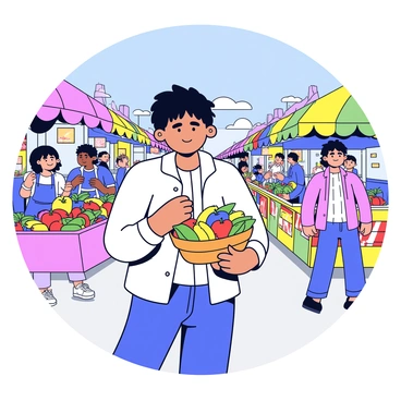 Ayanokoji, a young man with short black hair and an expression of calm focus, stands at a vibrant farmers' market. He is examining a basket filled with fresh produce, including ripe tomatoes, crisp cucumbers, and colorful bell peppers. The market is bustling with activity, featuring various stalls draped with colorful canopies. Vendors are cheerfully displaying their goods, while customers browse the selections. Ayanokoji is dressed in a casual outfit, blending into the lively atmosphere as he considers his purchases. Sunlight filters through the overhead canopies, creating a warm and inviting scene.