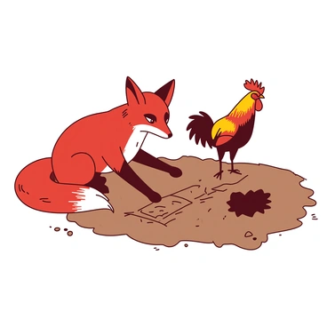 A red fox crouches on its haunches, using its paw to draw intricate plans in the brown dirt. The fox has a sly expression, with ears perked up and bright eyes focused intently on the ground. Nearby, a curious rooster stands with its head tilted, observing the fox's actions. The rooster has vibrant red and orange feathers, which contrast sharply with the surroundings. The dirt is scattered with small twigs and stones, and faint outlines of a hidden trap can be seen in the drawings made by the fox.