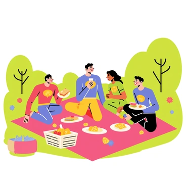 A group of superheroes sitting on a bright red picnic blanket in a green park. Each superhero is wearing a distinct colorful costume, showcasing their unique powers. One superhero is holding a plate of sandwiches, while another is pouring juice into glasses. Snacks like chips and fruits are scattered around them. They are laughing and sharing stories, with a picturesque backdrop of trees and a clear sky. A picnic basket is open nearby, filled with more food items.