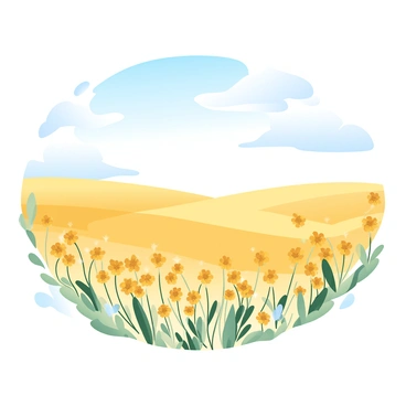 A vast field is filled with "goldenrod flowers" swaying gently in the breeze. The flowers create a blanket of yellow across the landscape. In the background, a "clear blue sky" stretches endlessly, with soft gradient pastel colors blending seamlessly. The light of the sun casts a warm glow over the scene, enhancing the vibrant colors of the flowers and the sky.