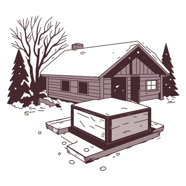 A rustic wooden box with a textured surface is placed on the porch of a snow-covered cabin. The cabin is made of dark logs and has a sloped roof blanketed with snow. Snowflakes are gently falling around the box, some landing on its surface. In the background, there are trees with branches heavy with snow, creating a wintery atmosphere. The scene conveys a quiet, peaceful afternoon in a snowy setting.
