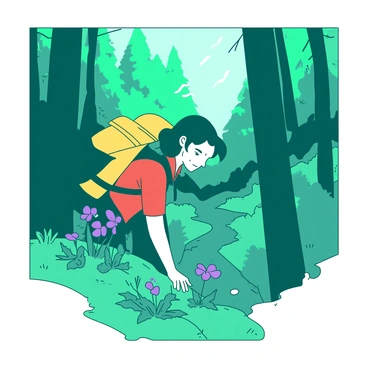 A teal person is hiking on a narrow trail surrounded by tall green trees in a dense forest. The person is wearing a yellow backpack and a bright red shirt, with one hand reaching down to gently examine a small purple flower growing beside the path. The person's face displays a curious expression as they lean closer to the flower, admiring its delicate petals. Sunlight filters through the foliage above, casting dappled light on the forest floor.