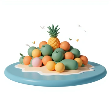 An island made entirely of vibrant tropical fruits, including large pineapples, bright orange oranges, and lush green coconuts. The fruits are arranged in a lush, hilly formation, creating a colorful landscape. Surrounding the island is a clear blue ocean, with gentle waves lapping at the fruit shores. The sky is bright and sunny, adding to the vividness of the scene. Small tropical birds can be seen flying around, adding life to the vibrant setting.