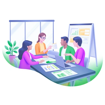 A modern pastel illustration showing a group of four colleagues gathered around a sleek, rectangular conference table. Two women and two men are engaged in conversation, with scattered financial documents and a laptop open in front of them. One woman, wearing glasses, is pointing at a document while the other colleagues look on attentively. A potted plant sits in the corner of the room, and a whiteboard with graphs is visible in the background. Light fills the room through large windows, creating a bright and inviting atmosphere.