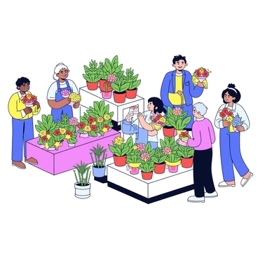 A bustling flower market with stalls overflowing with green plants and colorful flowers.