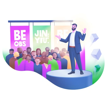 A modern pastel illustration featuring a confident leader standing on a well-lit stage. The leader, dressed in a tailored suit, is gesturing with one hand towards a large, enthusiastic audience. The audience is filled with diverse individuals, all showing expressions of excitement and engagement. Bright lights illuminate the stage, creating a warm atmosphere. Banners with motivational phrases are visible in the background, adding to the vibrant scene.