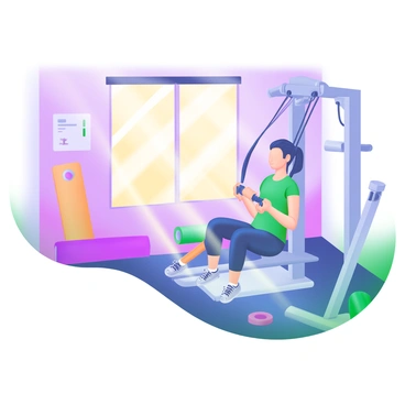 A home gym interior features a person performing "seated cable rows" on a cable machine. The individual has a focused expression, with hands gripping the cable handles. Sunlight from a large window casts warm, golden rays across the room, creating defined shadows on the floor. Various gym equipment, like weights and a yoga mat, are neatly arranged in the background. The walls are painted in soft pastel shades, adding a calming atmosphere to the scene.
