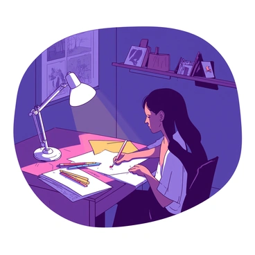 An illustrator sits at a wooden desk covered with sketch papers and art supplies. The room is dimly lit, with a warm glow spilling from a white desk lamp onto the workspace. The illustrator is focused on drawing, with a pencil in hand and a sketchbook open in front of them. There are colorful markers and paintbrushes scattered around the desk. In the background, a small shelf holds various art books and sketches pinned to the wall. The atmosphere suggests a quiet and productive night of creativity.