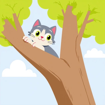 A brave tom kitten with grey and white fur is climbing a sturdy brown tree. The kitten's green eyes are wide with curiosity as it looks down from a thick branch. The tree has textured bark and lush green leaves surrounding the kitten. The background includes a clear blue sky with a few fluffy white clouds floating by. Sunlight filters through the branches, casting gentle shadows.