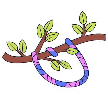 A friendship bracelet made of colorful threads is tightly tied around a budding tree branch. The bracelet consists of interwoven patterns in shades of pink, blue, and green. The branch features fresh green leaves and small, delicate buds, with soft sunlight filtering through them. The background includes other branches and foliage, creating a harmonious blend with the natural surroundings. The overall scene emphasizes the connection between the bracelet and the vibrant life of the tree.