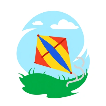 A colorful kite with a diamond shape lies on a patch of bright green grass. The kite features a vibrant pattern of red, blue, and yellow. The wind causes the kite to slightly lift at one corner, creating a dynamic contrast against the stillness of the grass below. Tiny blades of grass are bent slightly by the breeze, and the sky above is a clear blue with a few fluffy white clouds. The scene captures the gentle interaction between the kite and the elements around it.