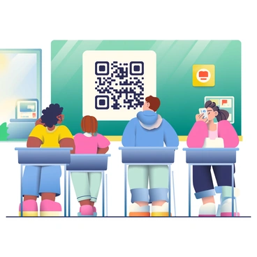 A diverse group of students is gathered in a classroom, engaged in scanning a large "QR code" displayed prominently on a green chalkboard. The students include a girl with curly black hair wearing glasses and a yellow shirt, a boy with straight brown hair in a blue hoodie, and another girl with braided hair in a pink dress. Each student is holding a smartphone in their hands, focusing intently on the chalkboard. Desks are arranged in neat rows, and colorful posters are pinned to the walls, enhancing the educational atmosphere of the room. Sunlight streams in through a window, creating soft shadows on the floor.