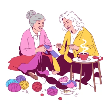 Two elderly women sit side by side in a cozy room, both engaged in knitting colorful yarn. One woman has gray hair tied in a bun, wearing a pink sweater, while the other has wavy white hair cascading over her shoulders, dressed in a yellow cardigan. They are surrounded by an array of yarn balls in various colors, with some lying on the floor. The women smile at each other, their faces lighting up with joy as they share stories. One woman holds a finished scarf draped over her lap, while the other focuses on her knitting needles, creating a vibrant piece. A small table next to them holds a steaming cup of tea and a plate of cookies, adding to the warm atmosphere of their gathering.