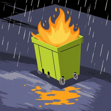 A dumpster fire with bright orange flames flickering is positioned against a weathered backdrop. The flames cast a warm glow that contrasts with the cool, wet surroundings. A rain puddle on the street reflects the scene, capturing the fiery image along with the surrounding dark asphalt. The puddle has a slightly rippled surface, and small raindrops are visible, creating a texture that enhances the reflection of the dumpster fire. The atmosphere is damp, with droplets hanging on nearby surfaces, emphasizing the recent rain.