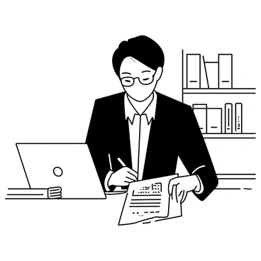 A compliance officer sitting at a desk, intently reviewing legal documents related to procurement items. The officer is wearing a formal suit and glasses, with short hair neatly styled. A stack of highlighted papers is placed on one side of the desk, while a laptop is open in front of them displaying graphs and text. A pen is held in their right hand, poised over a document. In the background, there are shelves filled with books and files.