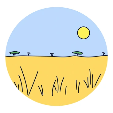 A vast savanna landscape with dry grasslands stretching across the scene. The grass has a golden hue, with tall blades swaying gently in the breeze. In the clear blue sky above, a bright yellow sun shines down, casting warm light over the land. A few scattered acacia trees dot the horizon, their silhouettes sharp against the sunlit backdrop.