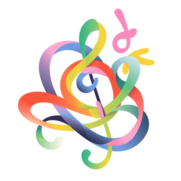 A dynamic composition features vibrant swirls of color representing music. The swirls are in various hues, including rich reds, deep blues, bright yellows, and vivid greens. Each swirl flows gracefully, intertwining with others to create a sense of movement and rhythm. The colors blend seamlessly at some points while contrasting sharply at others, illustrating the complexity and diversity of musical sound. In the center, a bold treble clef shape emerges, woven into the swirling patterns, adding a focal point that symbolizes the essence of music.
