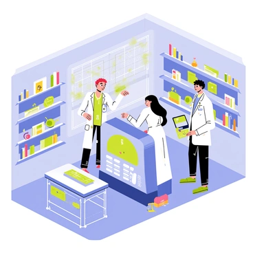 A high-tech laboratory filled with advanced equipment and bright screens. In the center, a team of three scientists, one with glasses and a lab coat, is working on a large holographic display that showcases a 3D model of the new technology they are developing. Another scientist, a woman with long hair, is adjusting a complex machine that has blinking lights and various buttons. The third scientist, a man with short hair, is writing notes on a digital tablet while observing the holographic display. The walls are lined with shelves containing scientific books, tools, and colorful test tubes.