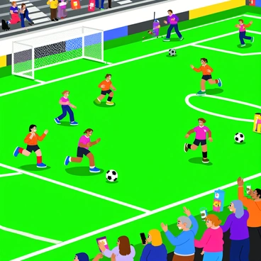 A youth football game taking place on a green field with bright white lines marking the boundaries. Young players in colorful uniforms are energetically running on the field, kicking a black and white soccer ball. Some players are in mid-action, while others are strategizing. On the sidelines, enthusiastic parents are cheering and clapping, some holding banners and flags. A few parents are drinking from colorful water bottles, while others are capturing the moment with their smartphones. The sun is shining brightly, casting clear shadows on the ground.