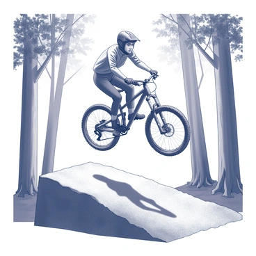 A mountain biker is airborne, having just taken off from a small natural ramp made of earth and leaves. The biker has a focused expression while wearing a helmet and protective gear. The bicycle is in mid-air, positioned with both wheels off the ground, and the rider’s body is slightly leaned forward, showcasing the motion and thrill of the jump. Surrounding the scene are tall trees with thick trunks and dense foliage, creating a vibrant woodland atmosphere. Sunlight filters through the leaves, casting dappled shadows on the forest floor below.