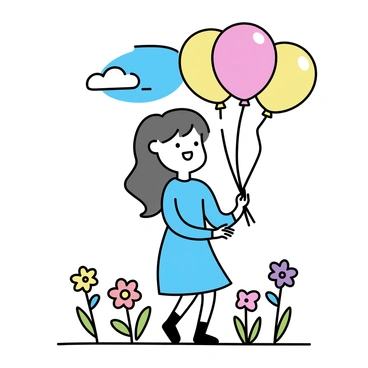 A girl with long brown hair, wearing a light blue dress, is standing in a meadow filled with colorful flowers. She is smiling and holding a string of bright, helium-filled balloons in various colors. The flowers around her are vibrant, featuring shades of red, yellow, and purple, creating a lively scene. The sky above is clear and blue, adding to the cheerful atmosphere of the meadow.