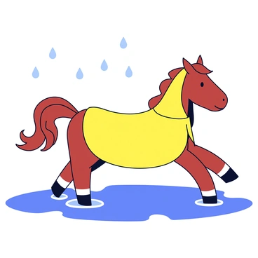 A cute horse with a shiny chestnut coat is wearing a bright yellow raincoat. The raincoat has a hood that rests on the horse's head, and its tail is playfully swishing side to side. The horse is energetically splashing through large puddles, sending droplets of water flying in all directions. The background features a gray sky with light rain falling, creating a cheerful scene despite the weather.