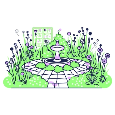 A garden with once neatly arranged flower beds now shows signs of neglect. The paths are obscured by tall wild grass and tangled weeds. In the center, a stone fountain is partially hidden by overgrown vines, with its water long since stopped flowing. Surrounding the fountain, vibrant wildflowers in various stages of blooming pop up between the unruly growth. In the corners of the garden, a wooden trellis is barely visible, overtaken by climbing plants. Clumps of dandelions and thistles create a chaotic yet natural aesthetic, illustrating the garden's transformation from a manicured space to a wild paradise.