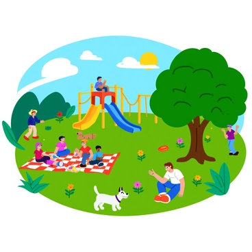 Families enjoying a sunny day at a local city park with trees and a playground
