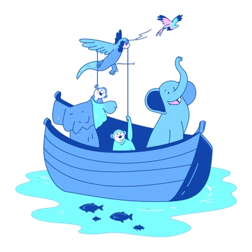 A blue ark floats gently on calm waters, surrounded by a serene environment. The ark is filled with a variety of happy creatures, including a cheerful elephant, a playful monkey, and a colorful parrot. Each animal is interacting joyfully; the monkey swings from a rope above, while the elephant stands at the edge, trumpeting merrily. Fish can be seen swimming below the surface of the water, and a few vibrant birds fly overhead, adding to the lively atmosphere. The sky above is a soft hue, complementing the peaceful scene.