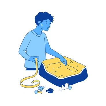 A blue person with tears streaming down their cheeks is holding a yellow leash in their right hand. Their gaze is directed towards an empty yellow dog bed positioned in front of them. The dog bed is plush and appears well-used, with a few toys scattered nearby, emphasizing the sense of absence and loss. The person's expression conveys deep sorrow as they stand in a quiet, somber atmosphere.