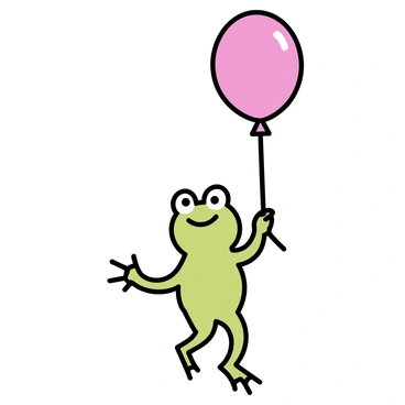 A green frog, with smooth skin and bulging eyes, is floating through the air. The frog is holding onto a bright red balloon with both hands. The balloon has a shiny surface, reflecting light as it drifts upwards. The background is clear, emphasizing the frog and the balloon as they move together in this serene scene.