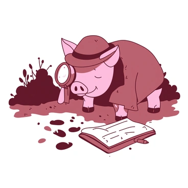 A pink pig wearing a brown detective hat and a matching trench coat is crouched down, examining footprints in the dirt. The pig holds a silver magnifying glass in its left hoof, focusing intently on the clues before it. In the background, there are bushes and trees, providing a natural setting for the investigation. A small notebook with a pencil lies open on the ground next to the pig, indicating notes taken during the mystery. The atmosphere suggests a quiet but tense moment as the pig uncovers hidden details.