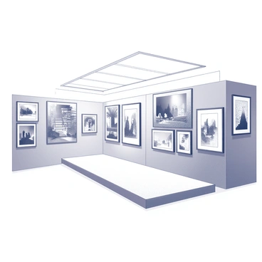 A section of an art exhibit featuring a variety of contemporary illustrations. The display includes framed artworks on white walls, showcasing various modern themes such as urban landscapes and abstract forms. Each piece has distinct design elements, incorporating bold shapes and intricate details. Some illustrations depict characters engaging in dynamic actions, while others focus on surreal environments. The lighting is bright to highlight the textures and lines of the illustrations.