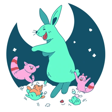 A teal hare is dancing joyfully under the glow of a large white full moon in the night sky. The hare's long ears are perked up, and its paws are lifted as it leaps gracefully. Surrounding the hare are several smaller animals, including a pink raccoon and an orange squirrel, all celebrating with enthusiastic movements. The ground is covered with soft grass, and some small flowers are scattered around, adding a festive touch to the scene. The atmosphere is filled with excitement as the animals share in the moonlit celebration.