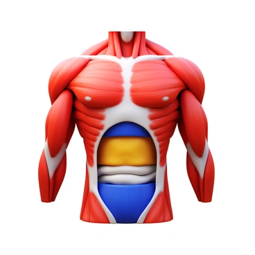 A 3D icon depicting layers of human muscles, with the outer layer peeled back to reveal deeper structures such as tendons and connective tissues. The muscles are intricately detailed, showcasing various colors representing different muscle types. The anatomical features are clearly defined, allowing for a comprehensive view of the muscular system.